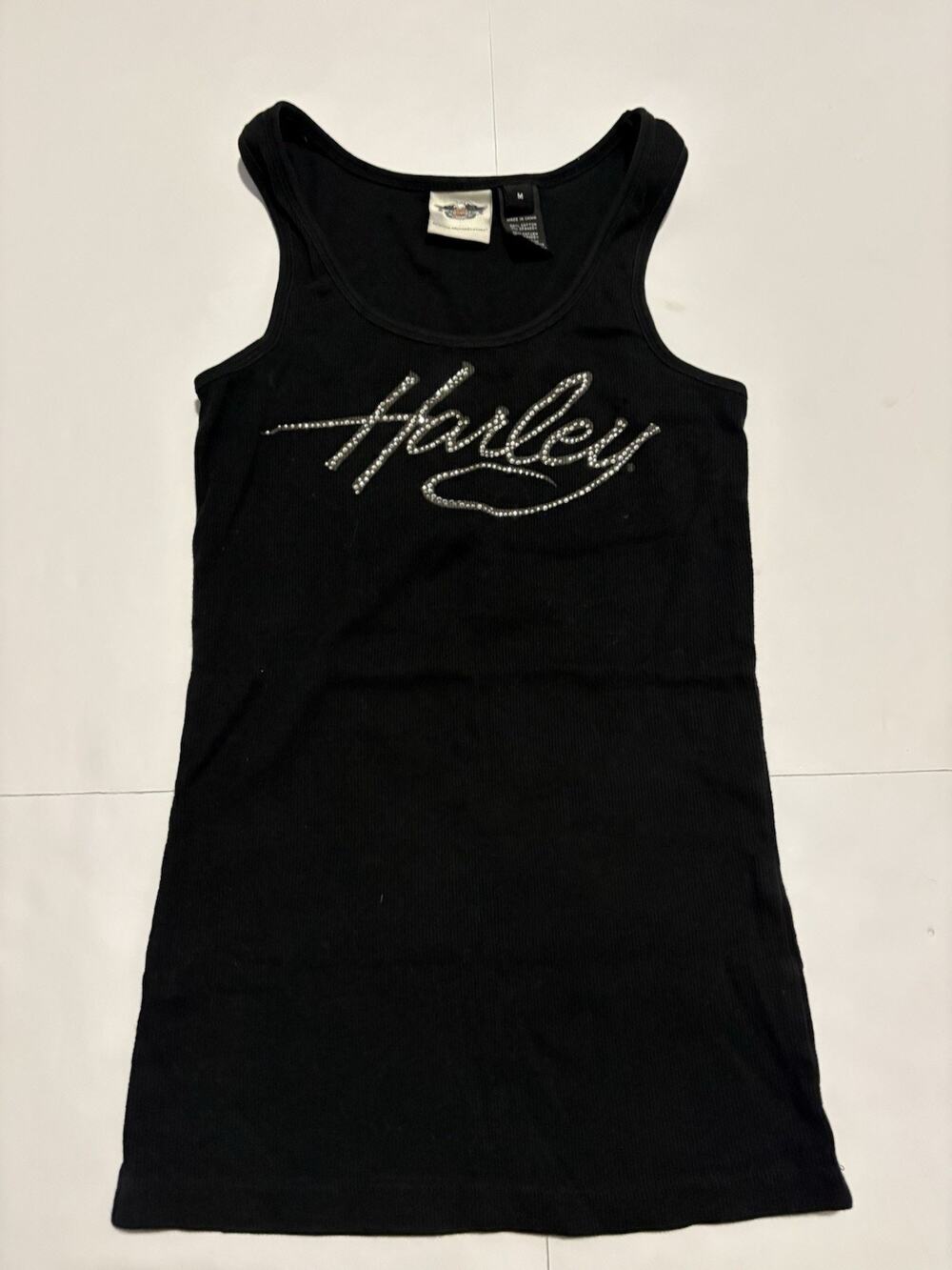 Harley-Davidson Women’s Medium Black Ribbed Tank Top Rhinestone Script Logo - Picture 1 of 5